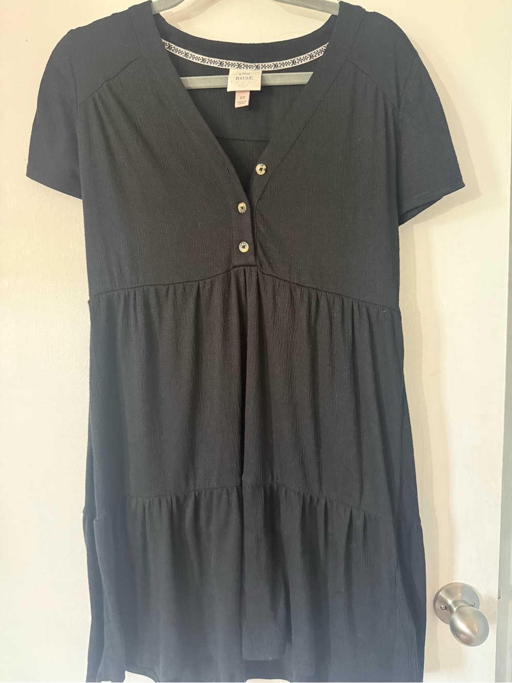 Black Short Sleeve Tiered Button Front Dress